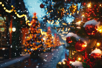 Outdoor Christmas market with decorated trees and lights, creating a festive and magical atmosphere with falling snow.