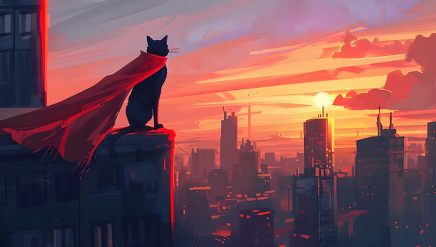 A cat with a red cape overlooks a vibrant cityscape at sunrise, embodying heroism and adventure in a stunning digital artwork.