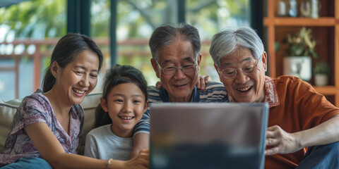 Joyful Multigenerational Family Enjoying Time Together with Laptop at Home