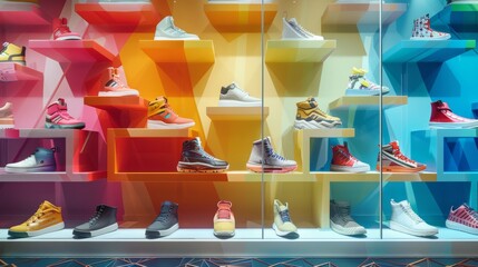A Colorful Display of Many Different Types of Shoes in a Store Window - Generative AI