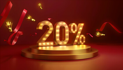Golden 20% discount sign on stage with red background, decorated with confetti and ribbons, perfect for promotions and sales.