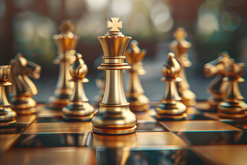 Golden chess pieces on a wooden chessboard under warm lighting, depicting strategy, competition, and the beauty of the game.