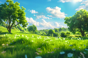 Fototapeta premium Lush green meadow under a bright blue sky with fluffy white clouds, surrounded by vibrant trees and wildflowers, creating a serene landscape.