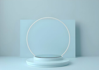 Minimalist abstract geometric display with a circular frame and pedestal in soft blue tones. Ideal for modern design backgrounds.