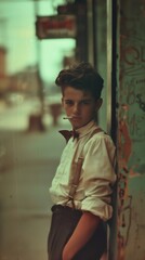 Naklejka premium Young Man Smoking a Cigarette Leaning Against a Wall