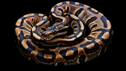 Obraz premium Stunning close-up of a ball python coiled up against a black background, showcasing its intricate patterns and colors.