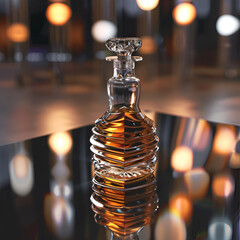 Glass of whiskey with old square carafe on a varnished wooden table,
Cold whiskey and cigar
