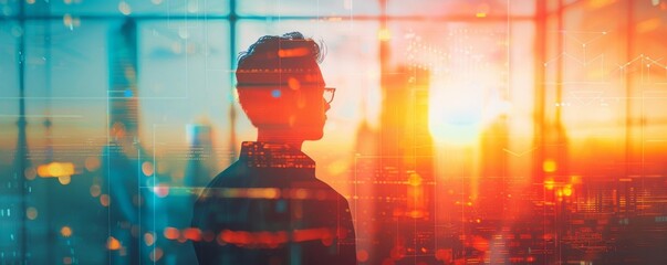 Corporate presentation on engineering innovations close up, focus on, copy space Vibrant professional colors Double exposure silhouette with slides and technology