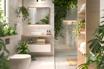 A modern bathroom with a focus on lush greenery and natural elements creating a relaxing and spalike atmosphere