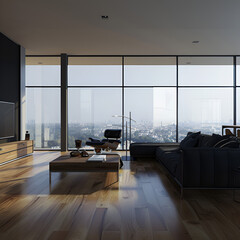 Contemporary bright room interior with empty white mock up banner,
Room with concrete walls green plants 
