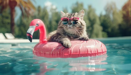 Adorable cat wearing sunglasses relaxing on a pink flamingo float in a swimming pool on a sunny, summer day.