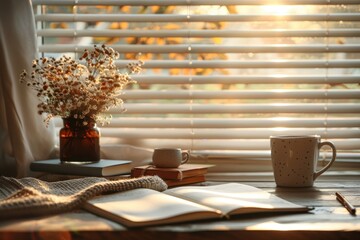 A vase of flowers sits on a table next to a book and a mug