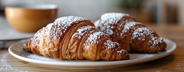 Detailed shot of a chocolate croissant with a dusting of powdered sugar, breakfast cuisine, stock photo quality