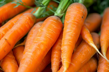 Close-up of fresh, vibrant, orange carrots with green tops, perfect for healthy recipes, cooking, and nutrition-focused visual content.