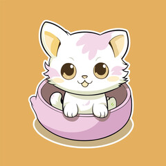 Adorable White Kitten Resting in Pink Bowl.