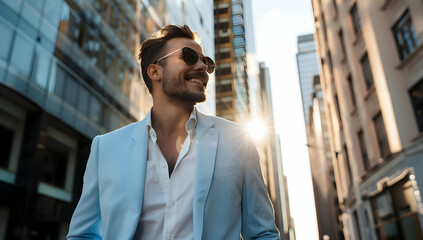 Fototapeta premium Confident man in stylish suit and sunglasses walking in urban cityscape. Business professional enjoying sunny day in modern downtown environment.