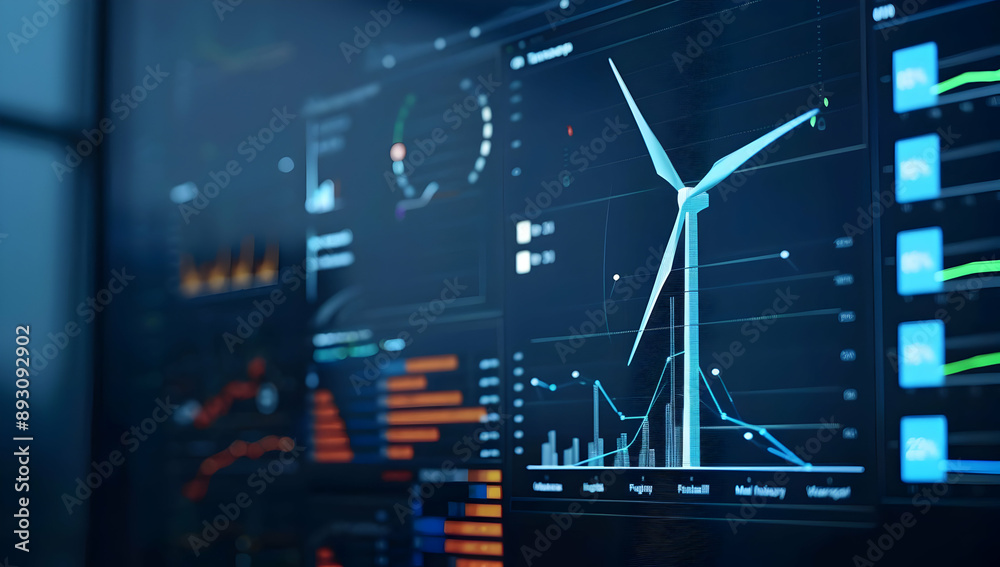 Wall mural digital dashboard with wind turbine and data analytics, showcasing renewable energy statistics and m