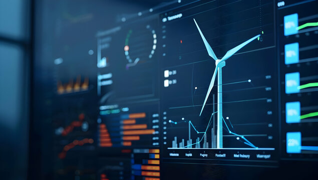 Digital dashboard with wind turbine and data analytics, showcasing renewable energy statistics and modern technology interface.