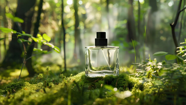 Elegant glass perfume bottle displayed in a serene forest setting, capturing the essence of nature and tranquility.