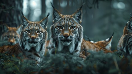 Obraz premium A Group of Lynx Are Laying in the Grass and Looking at the Camera - Generative AI