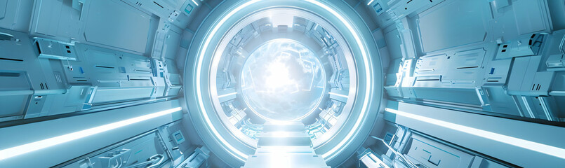 Obraz premium Futuristic sci-fi corridor with glowing light, resembling a spaceship or space station interior, featuring advanced technology elements.