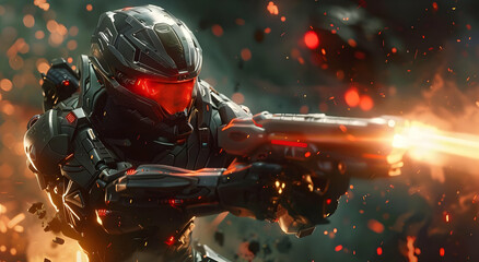 Futuristic soldier in armor with glowing eyes and rifle in action-packed sci-fi setting, surrounded by fiery explosions and sparks.