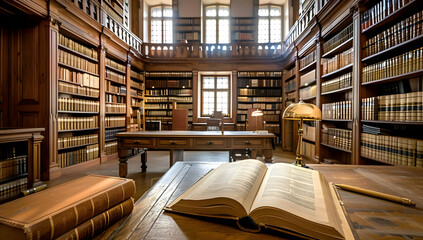Obraz premium Historic library with wooden shelves, filled with books, offering a quiet and serene reading space under natural light.