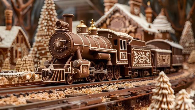 Intricate chocolate train surrounded by festive holiday decorations, featuring detailed chocolate houses and trees.