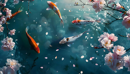 Scenic view of colorful koi fish swimming in a pond surrounded by blooming cherry blossoms, creating a tranquil and serene atmosphere.