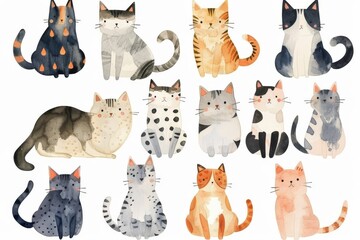 watercolor cats each with unique pattern