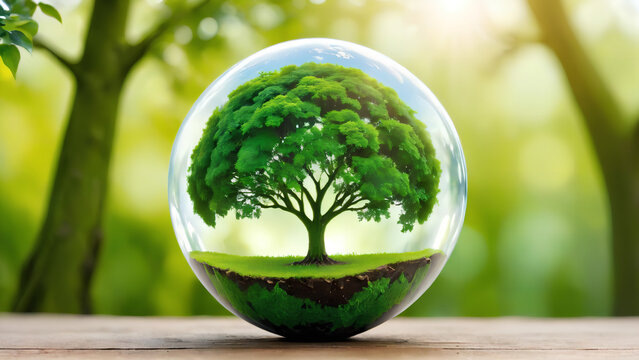 Globe ball with tree growing and green nature blur background