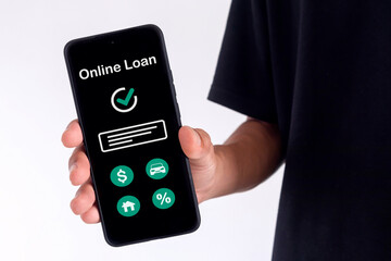 Man holding a smartphone with online loan application on screen. Financial lending by mobile application.