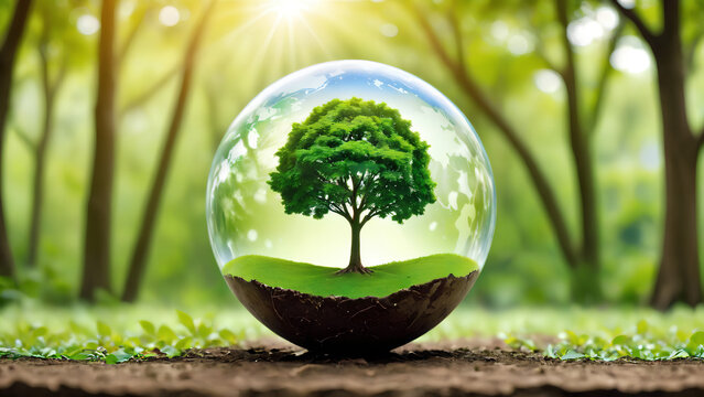 Globe ball with tree growing and green nature blur background