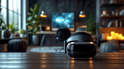 A Virtual Reality Headset Sitting on Top of a Wooden Table in a Living Room - Generative AI
