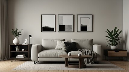 Aesthetic bright sunny elegant home living room interior design with comfortable lounge chair, hat, side table, flowers bouquet, shelf with decorations. interior design