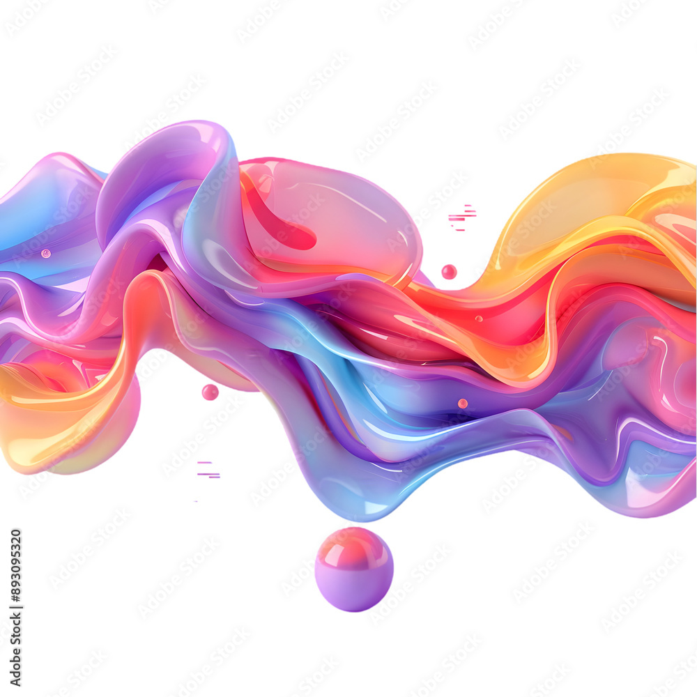 Poster abstract colorful gradient flowing shape with some liquid sphere, 3d render isolated on a transparen