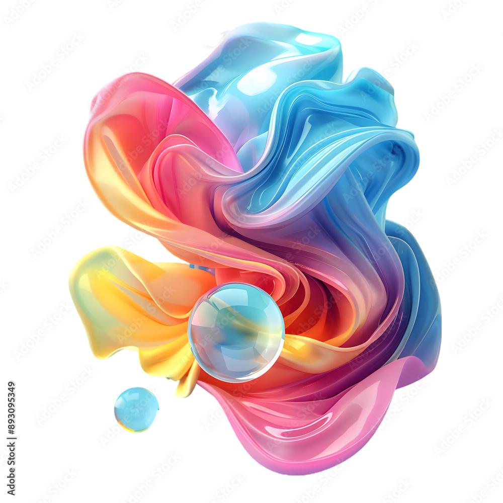 Poster abstract colorful gradient flowing shape with some liquid sphere, 3d render isolated on a transparen