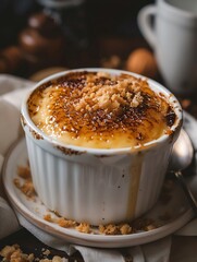 Detailed shot of a creme brulee with caramelized top, dessert cuisine, stock photo quality