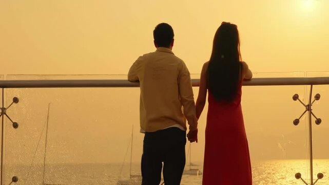Romantic couple watching sunset silhouette at the beach, Young couple on honeymoon enjoying travel vacation summer holidays on under orange horizon sky.