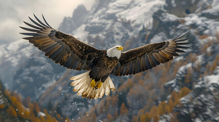 Fototapeta premium Majestic Bald Eagle Soaring Over Snowy Mountains Photo