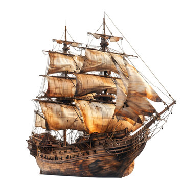 Sailing old pirate ship made with wood isolated on a transparent background