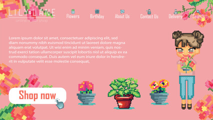 Landing page with cute girl in pixel art style. Web page template for online flower shop . Vector
