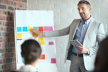Man, tablet and presentation by whiteboard in boardroom for notes, point and discussion with team. Person, speaker and group in workshop for advice, info or training on app for development at agency