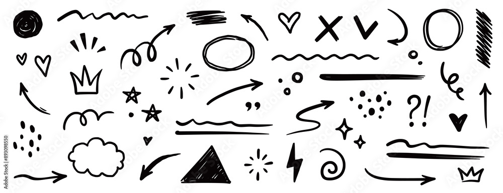 Poster line shape marker underline, arrow, heart brush element set. hand drawn sketch marker underline shap