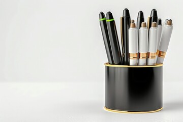 High resolution image of black and gold pen holder with office tools.
