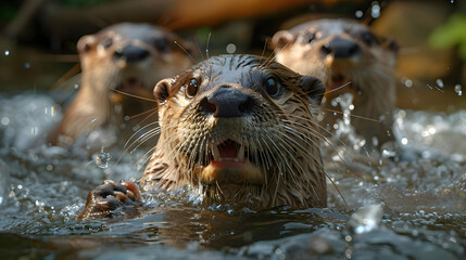 realistic portrait Three otters swimming in the water