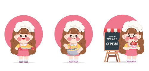 Cute chef woman in uniform character holding a chiffon cake. Design for sticker label design.