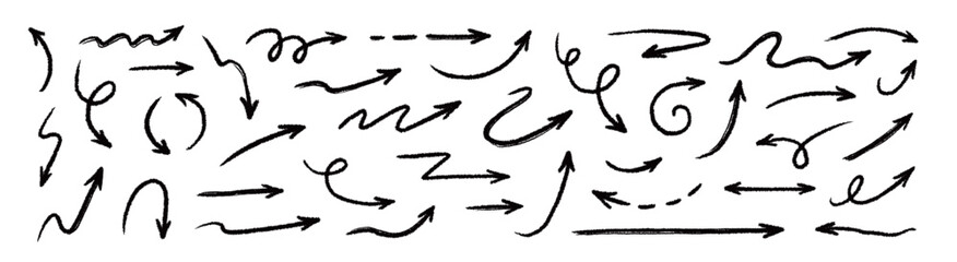 Arrow crayon brush fun kid chalk line stroke. Sketch chalk pencil texture line kid fun arrow icon. Hand drawn grunge crayon brush sketch direction charcoal element set. Vector illustration.