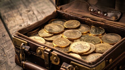 Briefcase brimming with gold coins and cash, representing wealth and financial security