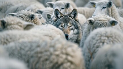 Obraz premium Camouflaged wolf in a flock of sheep, its eyes reflecting both cunning and hunger.